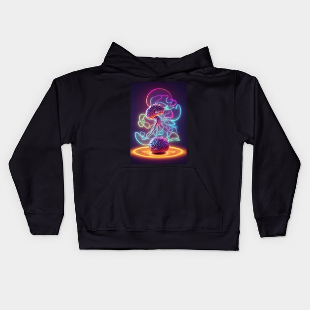 surreal glowing neon brain Kids Hoodie by ai1art